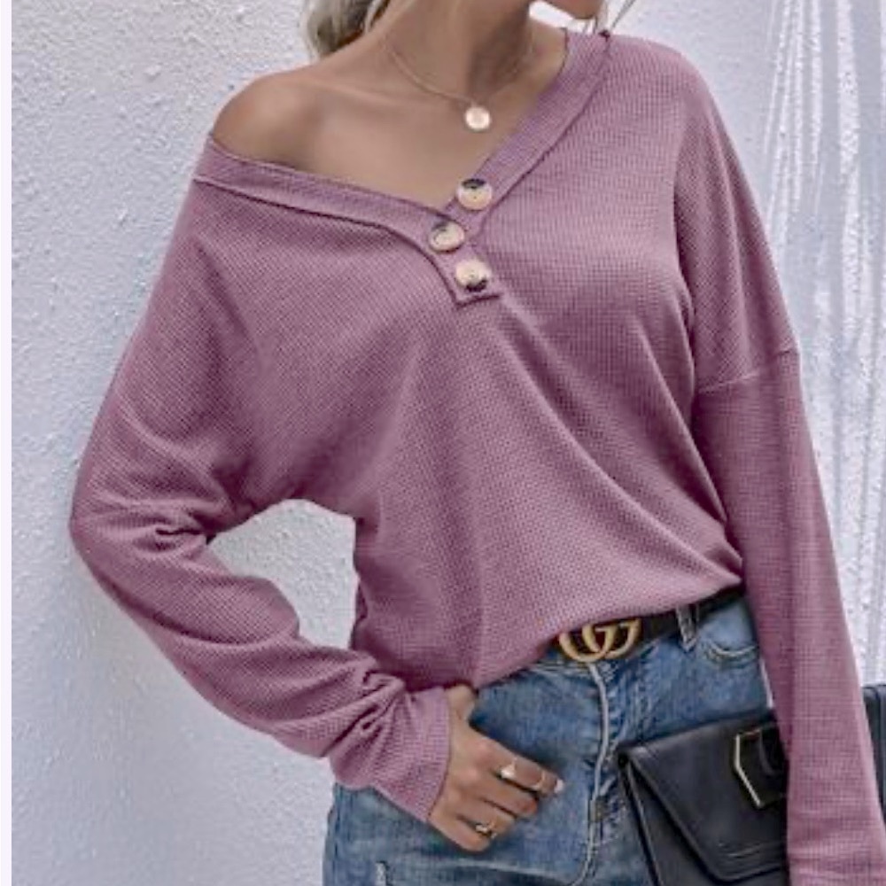 BTFBM Women Waffle Knit Shirt V-Neck Long Sleeve Casual
Slouchy Loose Pullover